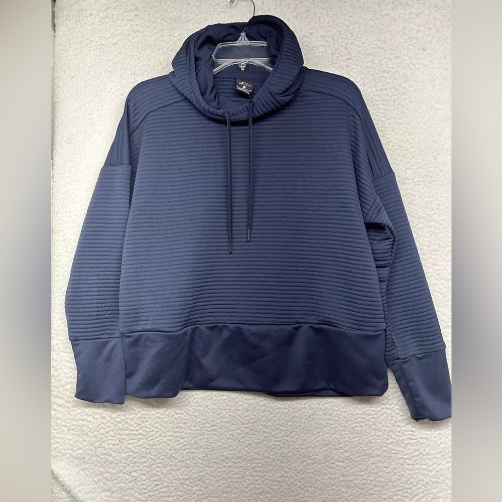 Nike Navy Royal Blue Ribbed Dri Fit Cropped Pullover Hoodie Medium White Swoosh